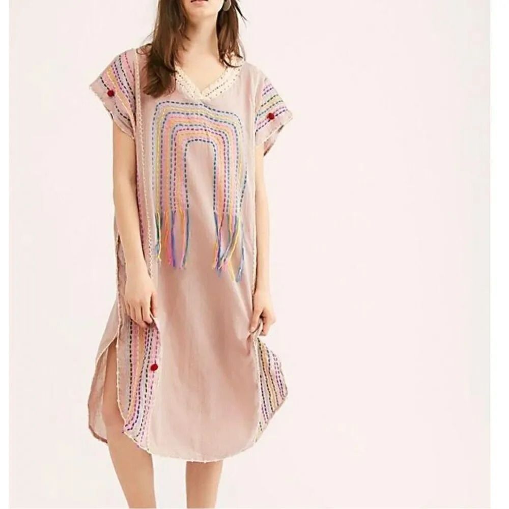 MOMO NEW YORK | Chasing Rainbow Embroidered Kaftan Blush Pink Nude | Size OS